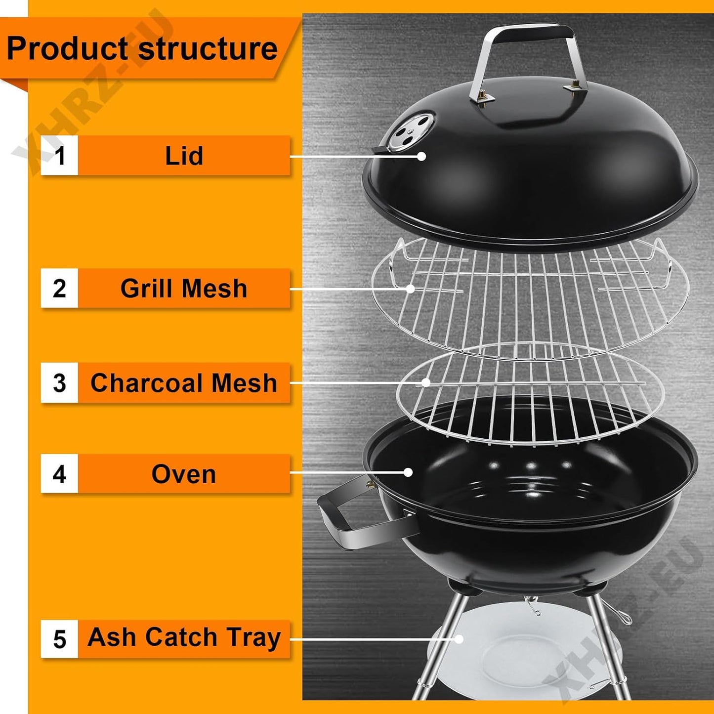 Charcoal BBQ Grill, Outdoor Barbecue Portable Kettle Coal with Wheels, 41Cm Grill Area, Stand Ball Rounded Barbecue Grill Camping Garden Black