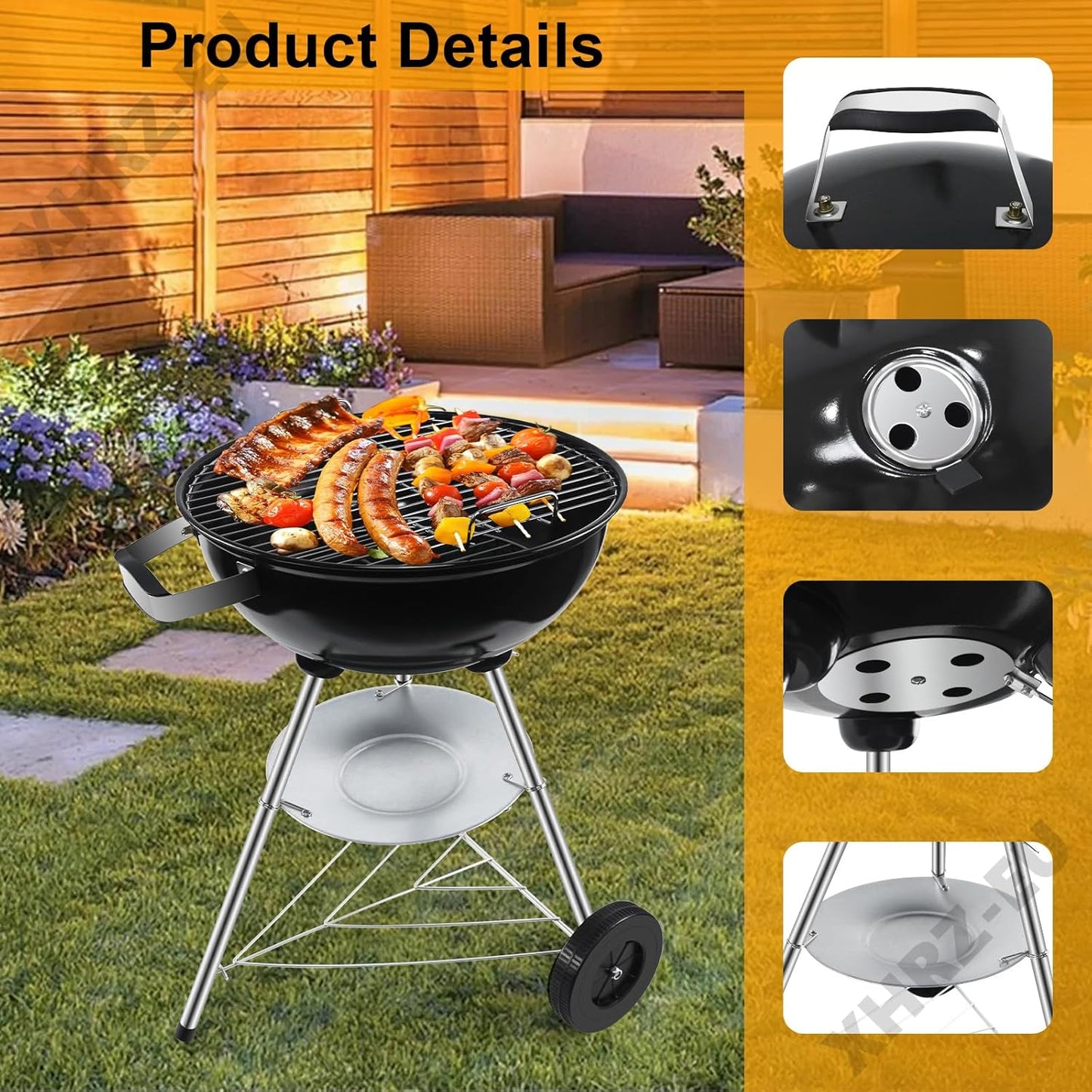 Charcoal BBQ Grill, Outdoor Barbecue Portable Kettle Coal with Wheels, 41Cm Grill Area, Stand Ball Rounded Barbecue Grill Camping Garden Black