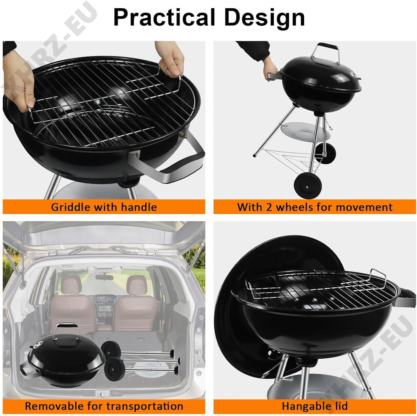 Charcoal BBQ Grill, Outdoor Barbecue Portable Kettle Coal with Wheels, 41Cm Grill Area, Stand Ball Rounded Barbecue Grill Camping Garden Black