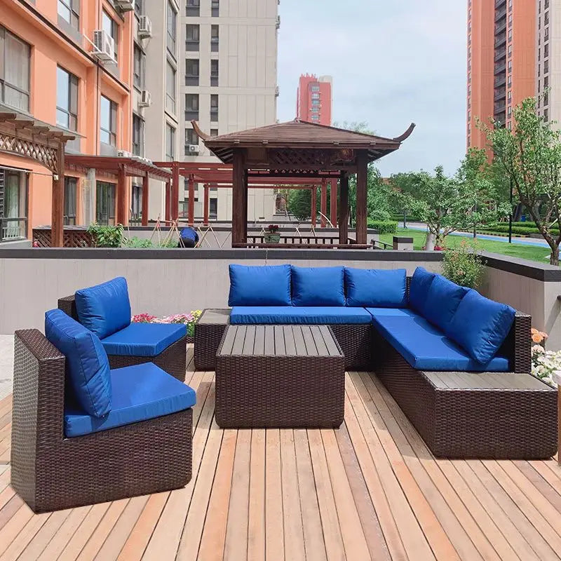 Luxurious Rattan Garden Furniture Set - Stylish Outdoor Corner Sofa Couch with Cushions and Elegant Glass Table