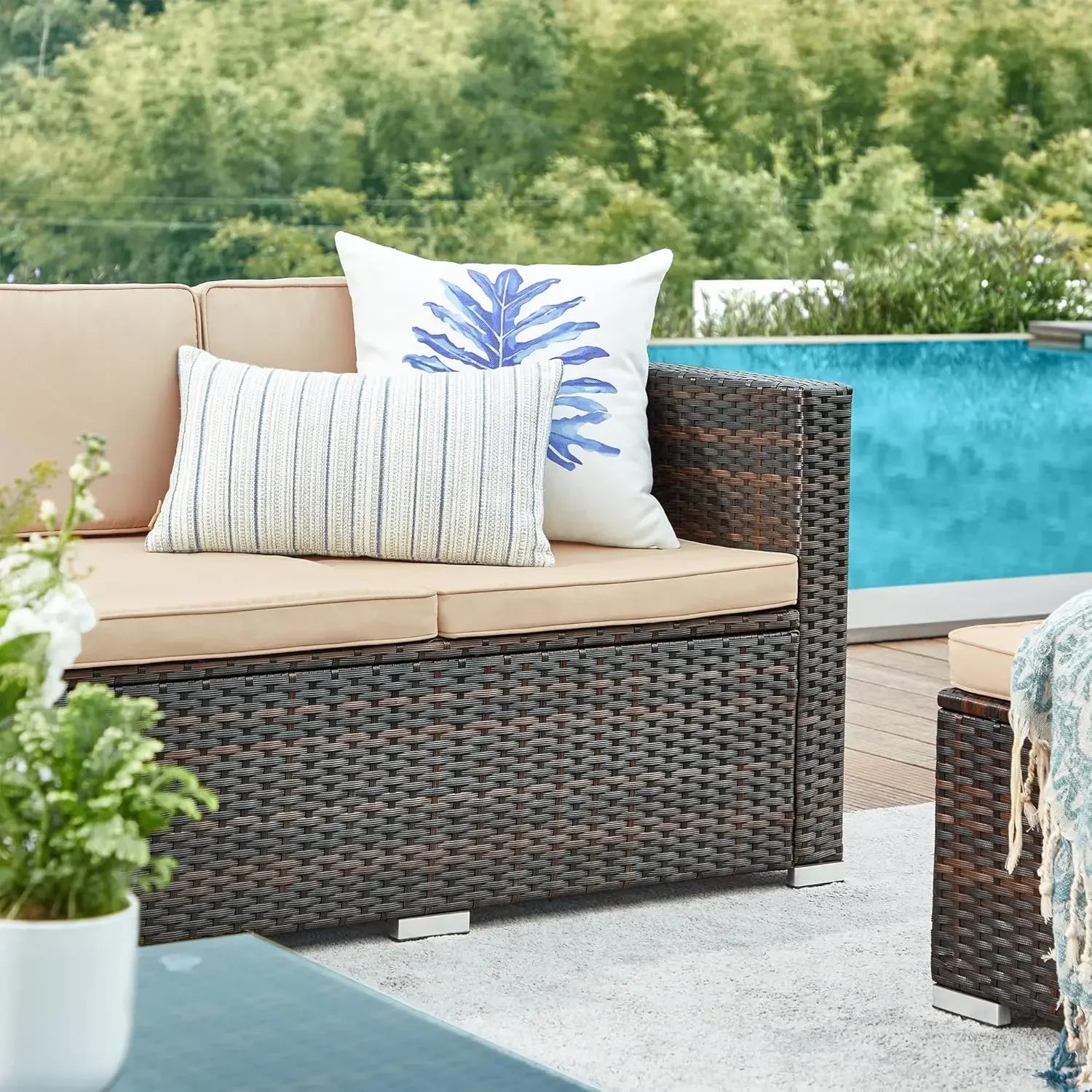 Luxurious Rattan Garden Furniture Set - Stylish Outdoor Corner Sofa Couch with Cushions and Elegant Glass Table