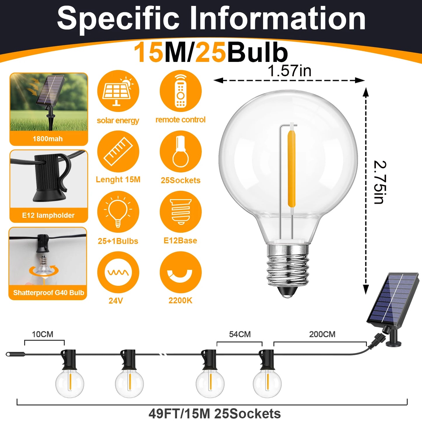 Illuminate Your Outdoors with Our Waterproof Led G40 Solar Globe String Lights – Perfect for Backyard and Bistro Decor!