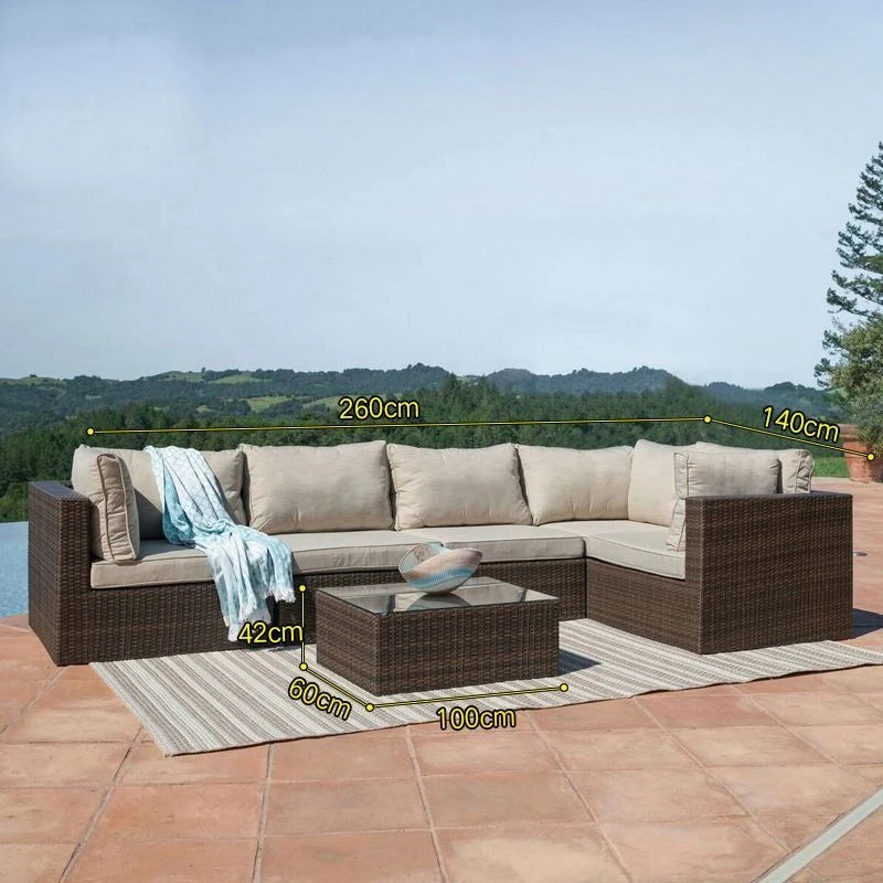Luxurious Rattan Garden Furniture Set - Stylish Outdoor Corner Sofa Couch with Cushions and Elegant Glass Table