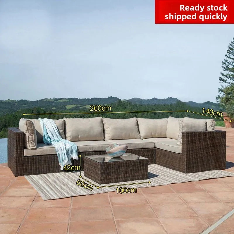 Luxurious Rattan Garden Furniture Set - Stylish Outdoor Corner Sofa Couch with Cushions and Elegant Glass Table
