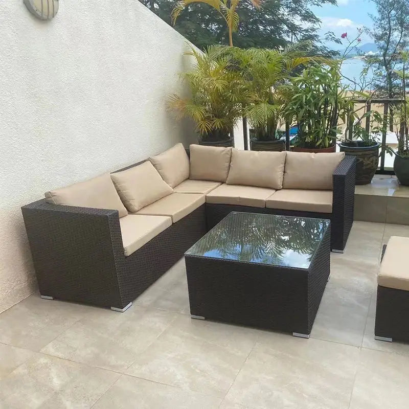 Luxurious Rattan Garden Furniture Set - Stylish Outdoor Corner Sofa Couch with Cushions and Elegant Glass Table