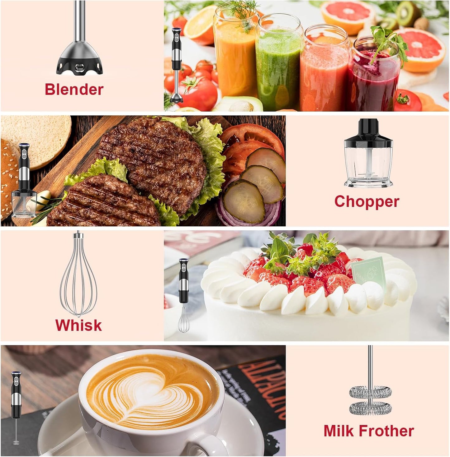 Electric Stick Hand Blender Handheld - 1100W 5-In-1 Immersion Stick Blenders for Kitchen Soup with 12 Speed, Turbo Boost, Chopper, Beaker, Whisk and Milk Frother for Milkshake Puree Smoothie Baby Food