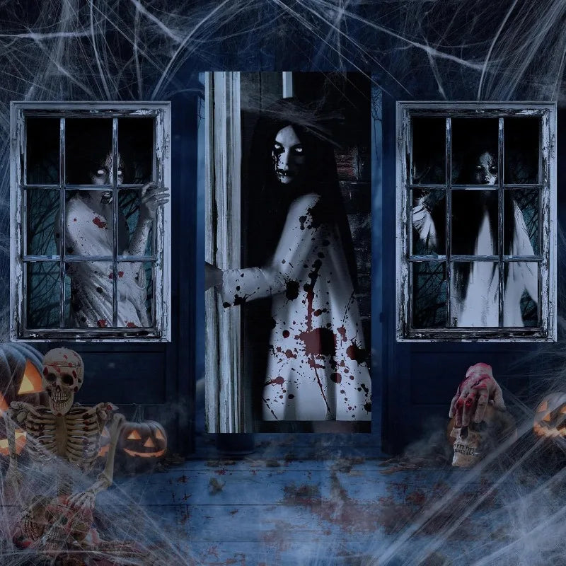 3PCS Halloween Window Door Cover Decor Set - Scary Fabric Clings, Halloween Curtain Window Banner Horror Ghosts Hanging Backdrop