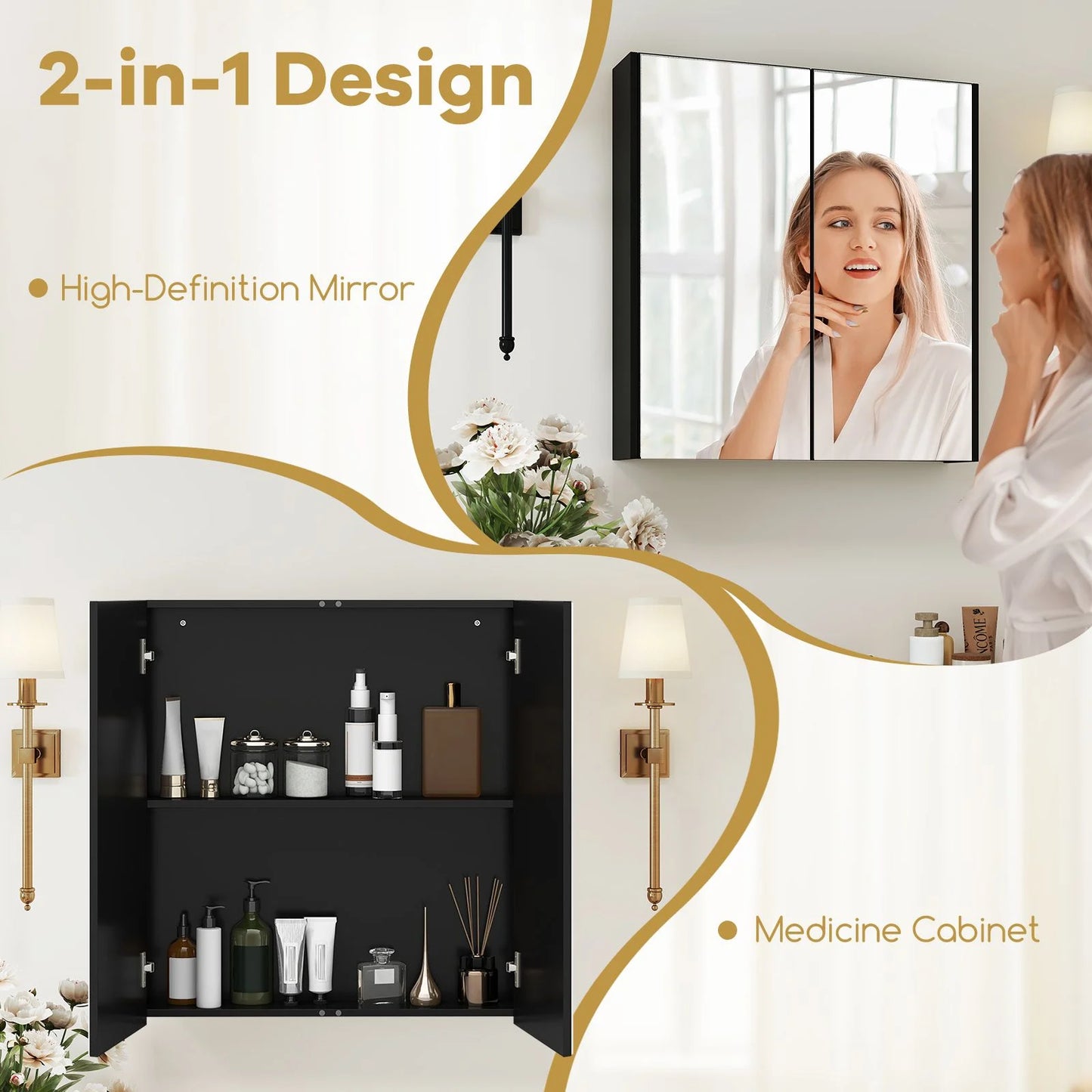 Sleek Medicine Cabinet with Double Mirrored Doors - Space-Saving Storage Solution for Your Bathroom