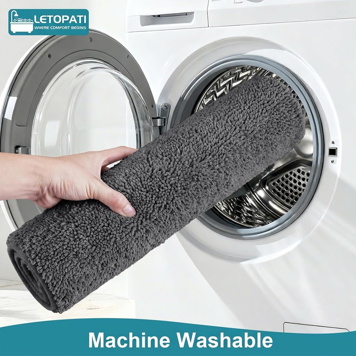 Bath Mat Sets 3 Piece, Non Slip Rubber Backing Bath Mats for Bathroom Floor, Extra Soft Microfiber Bathroom Mat and Toilet Mat, Absorbent Washable Bath Rug Sets, Dark Grey