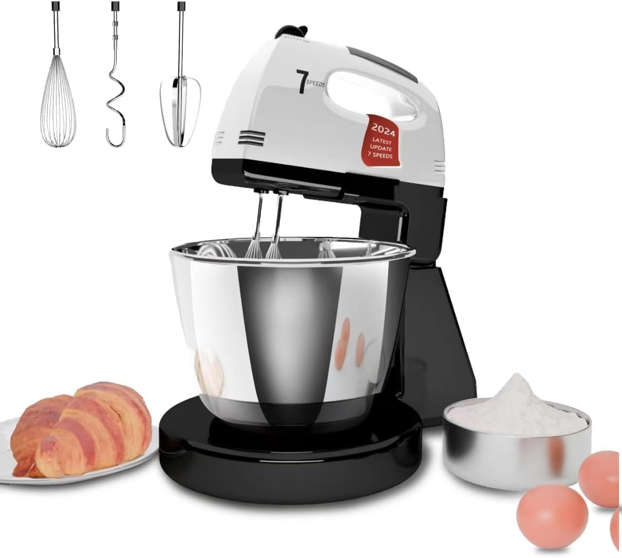 Stand Mixers, 7 Speeds with 3QT Stainless Steel Bowl, Stand and Hand Mixer with Dough Hook, Whisk, Mixing Beater for Baking, Cake, Cookie, Kneading (HP1)