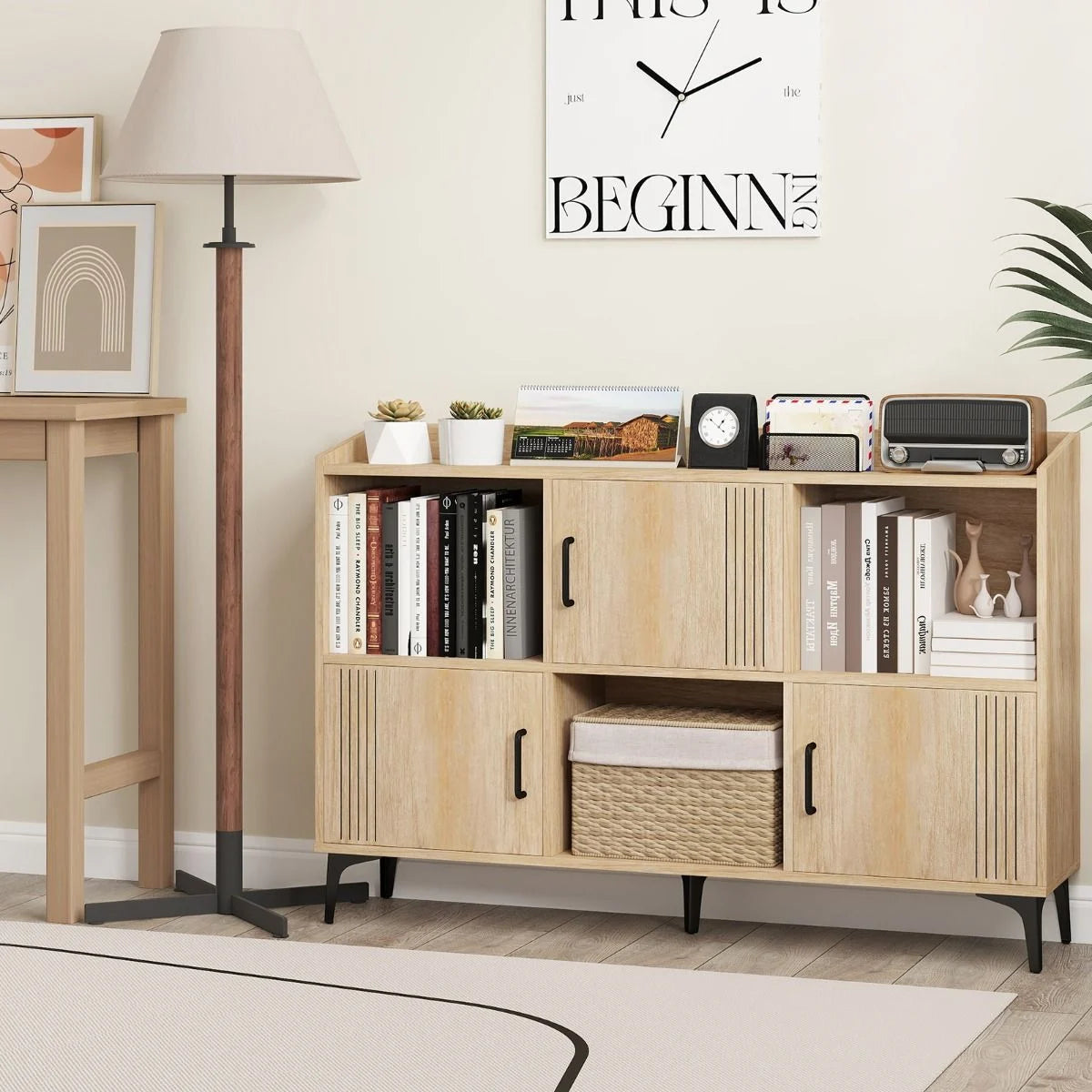 Sideboard Storage Cabinet Bookcase with 3 Doors and Open Compartments