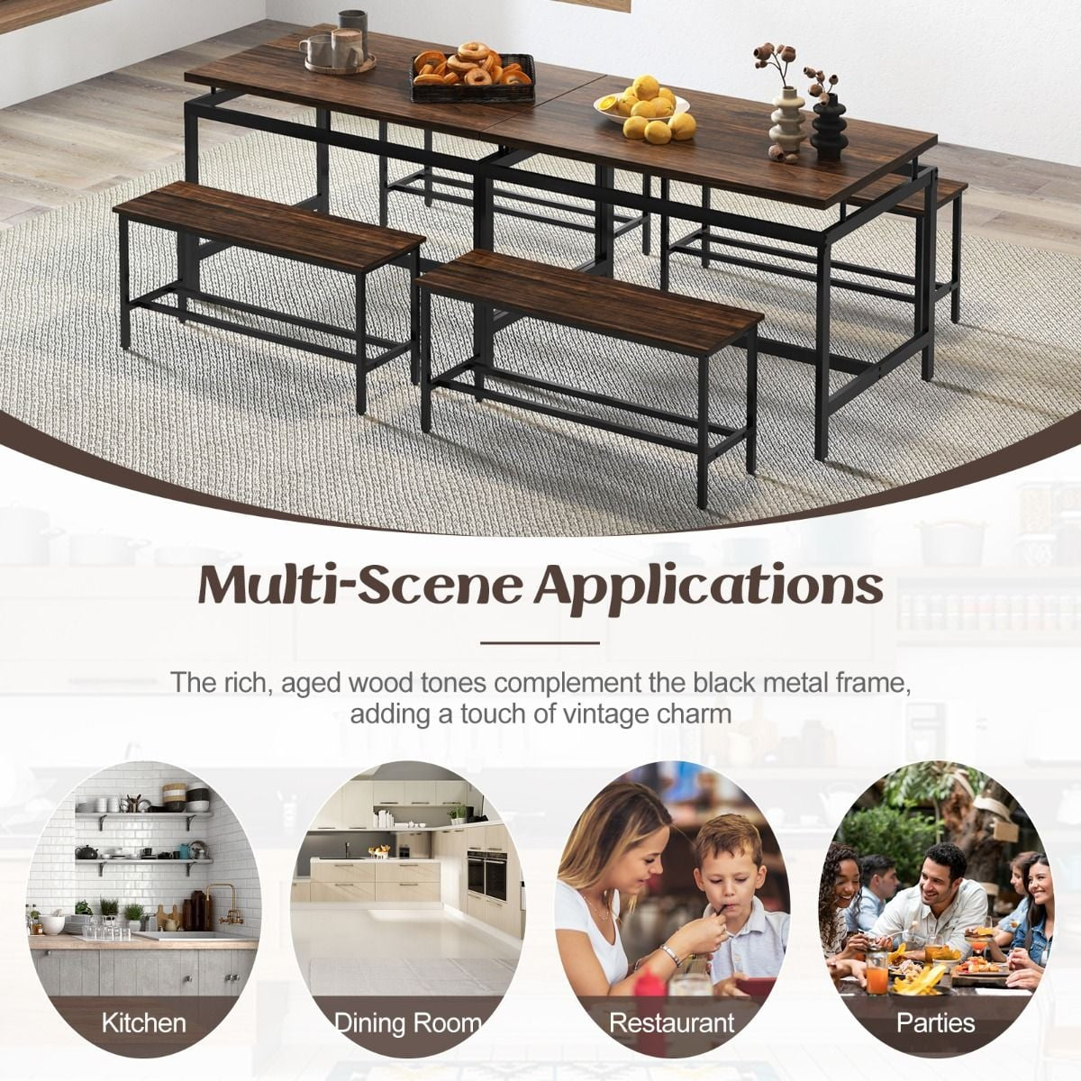 3 PCS Kitchen Dining Room Furniture Set with 108Cm Wooden Kitchen Table