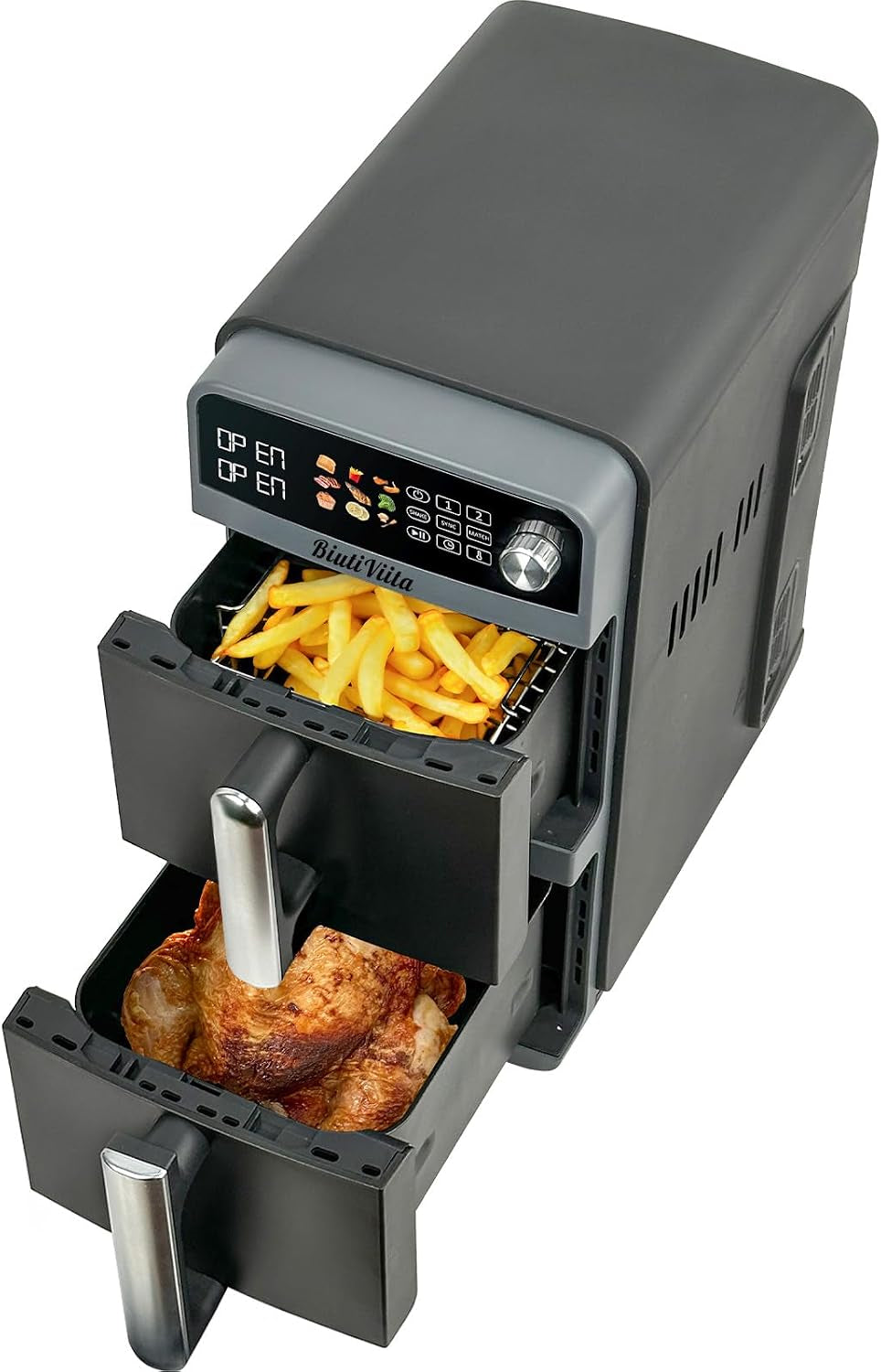 10L Double Stack Air Fryer with Dual Basket & 2 Drawers – 2400W Dual Air Fryer for Even Heating with 4 Cooking Levels | 9-In-1 Modes, Sync&Match, Shake Reminder，Large for Family Capacity