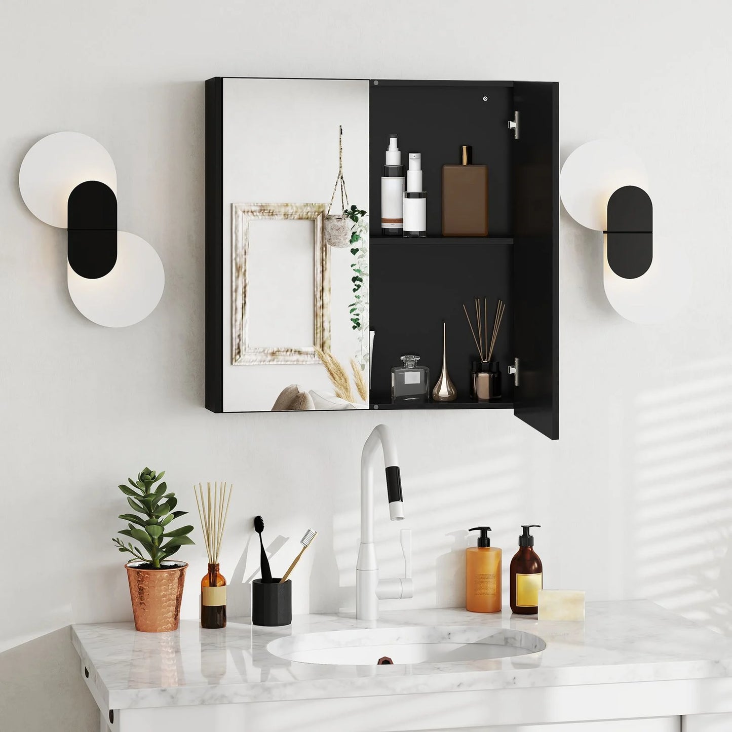 Sleek Medicine Cabinet with Double Mirrored Doors - Space-Saving Storage Solution for Your Bathroom