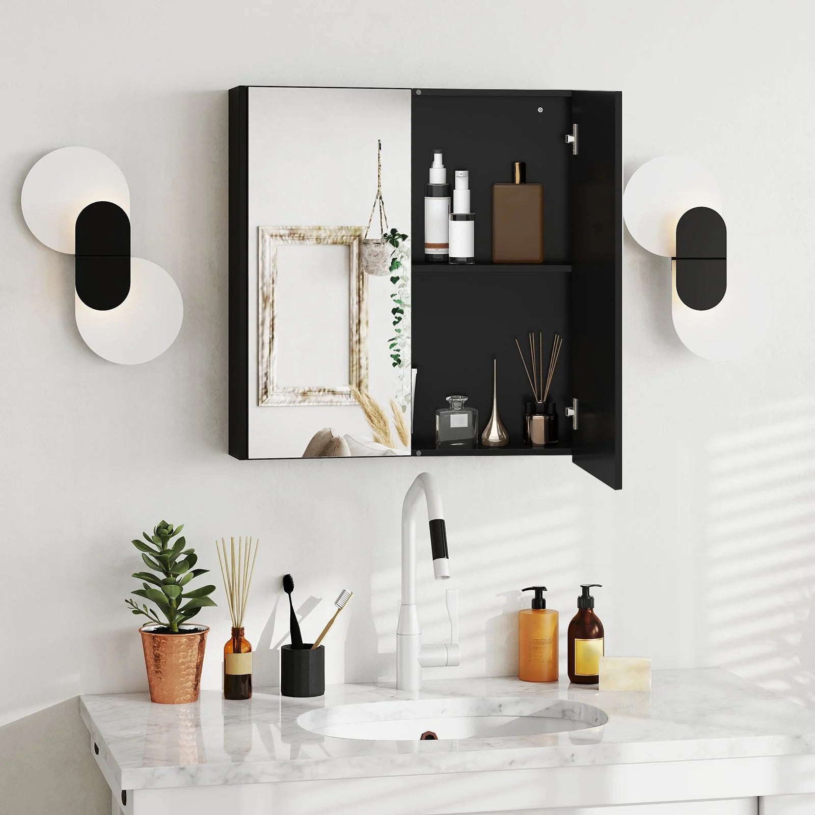Sleek Medicine Cabinet with Double Mirrored Doors - Space-Saving Storage Solution for Your Bathroom