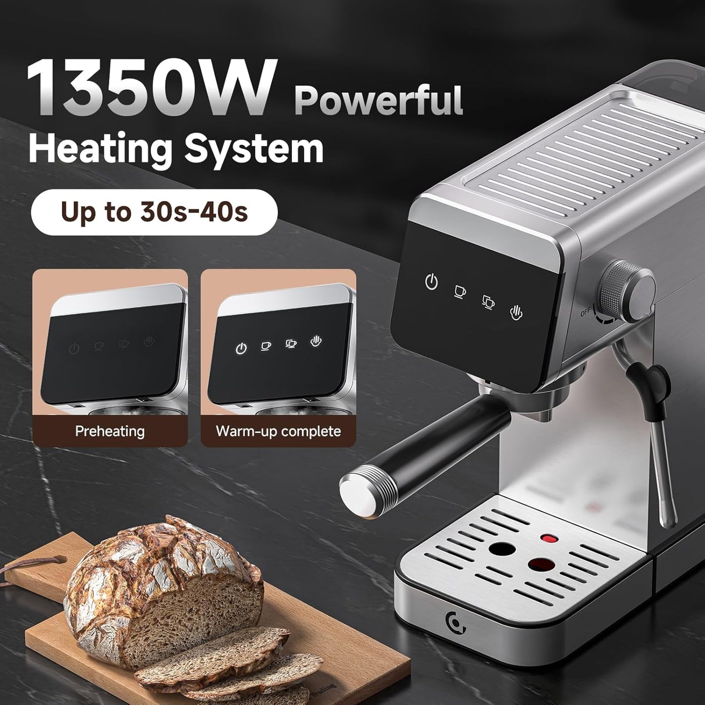 Coffee Machine 20 Bar, 1350W Espresso Machine, Compact Stainless Steel Coffee Machines with LED Touch Screen, Powerful Steam Wand, Removable Water Tank