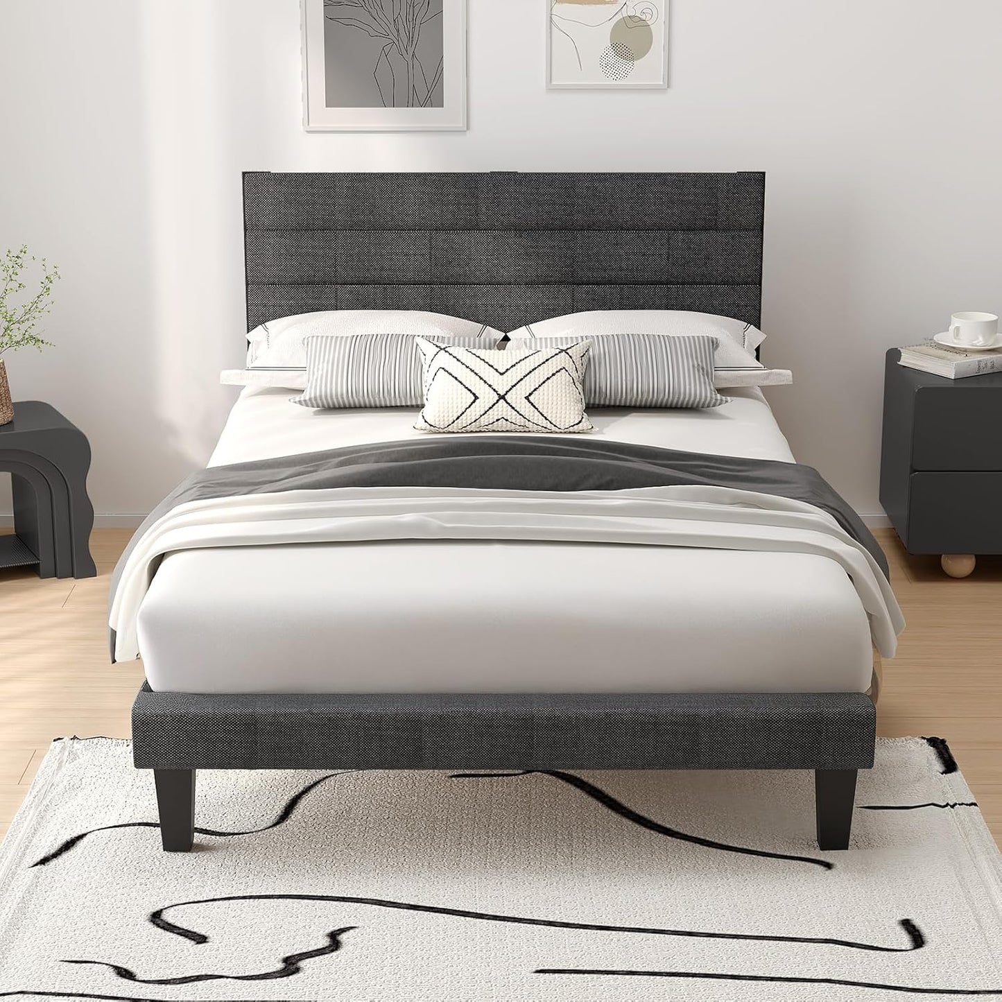 Single Bed Frame, Upholstered Platform Bed with Headboard & under Bed Storage - Sturdy Wooden Slat Support - No Box Spring Needed, Linen-Like Fabric, Light Grey, 90 X 190 Cm