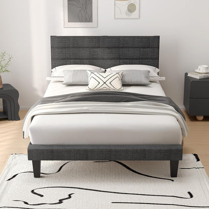 Single Bed Frame, Upholstered Platform Bed with Headboard & under Bed Storage - Sturdy Wooden Slat Support - No Box Spring Needed, Linen-Like Fabric, Light Grey, 90 X 190 Cm