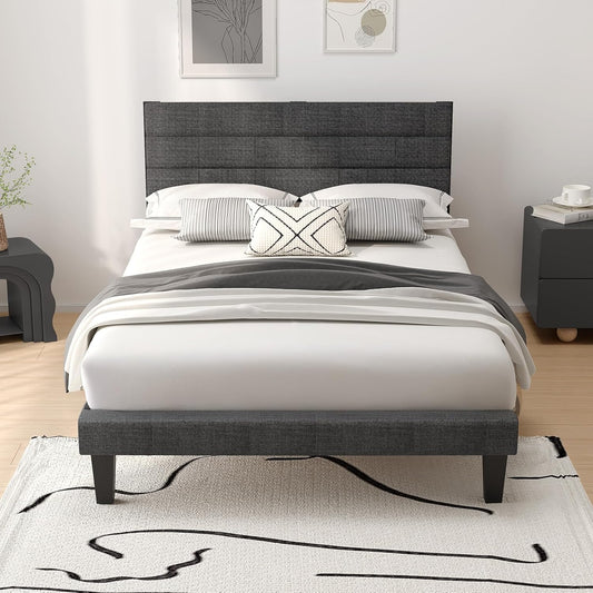 Single Bed Frame, Upholstered Platform Bed with Headboard & under Bed Storage - Sturdy Wooden Slat Support - No Box Spring Needed, Linen-Like Fabric, Light Grey, 90 X 190 Cm