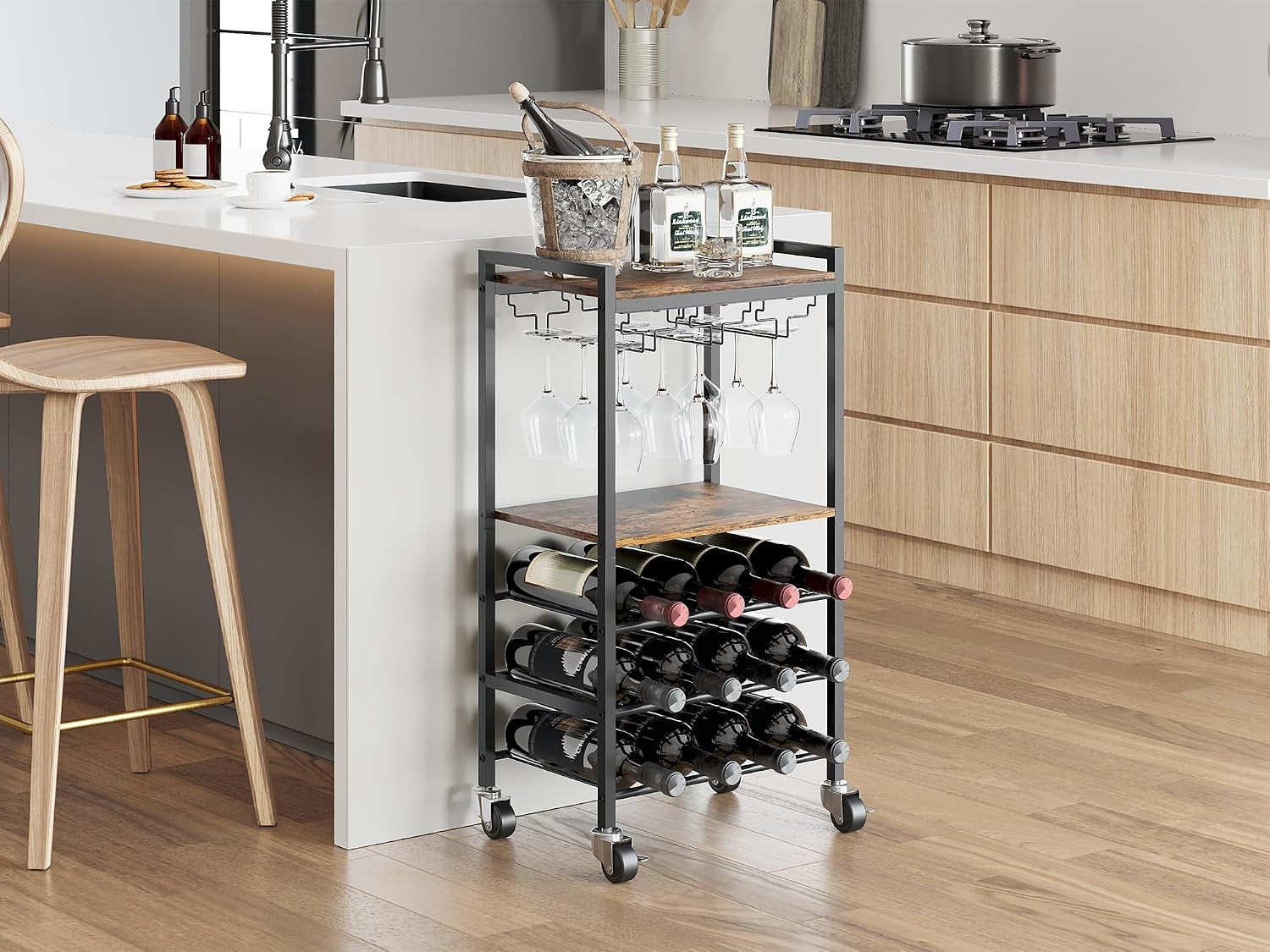 Metal Wooden 12 Bottles Wine Racks Free Standing Floor,Wine Trolley on Wheels,Rolling Bar Cart with Glass Holder,Drinks Storage Trolley for Home & Kitchen,Brown