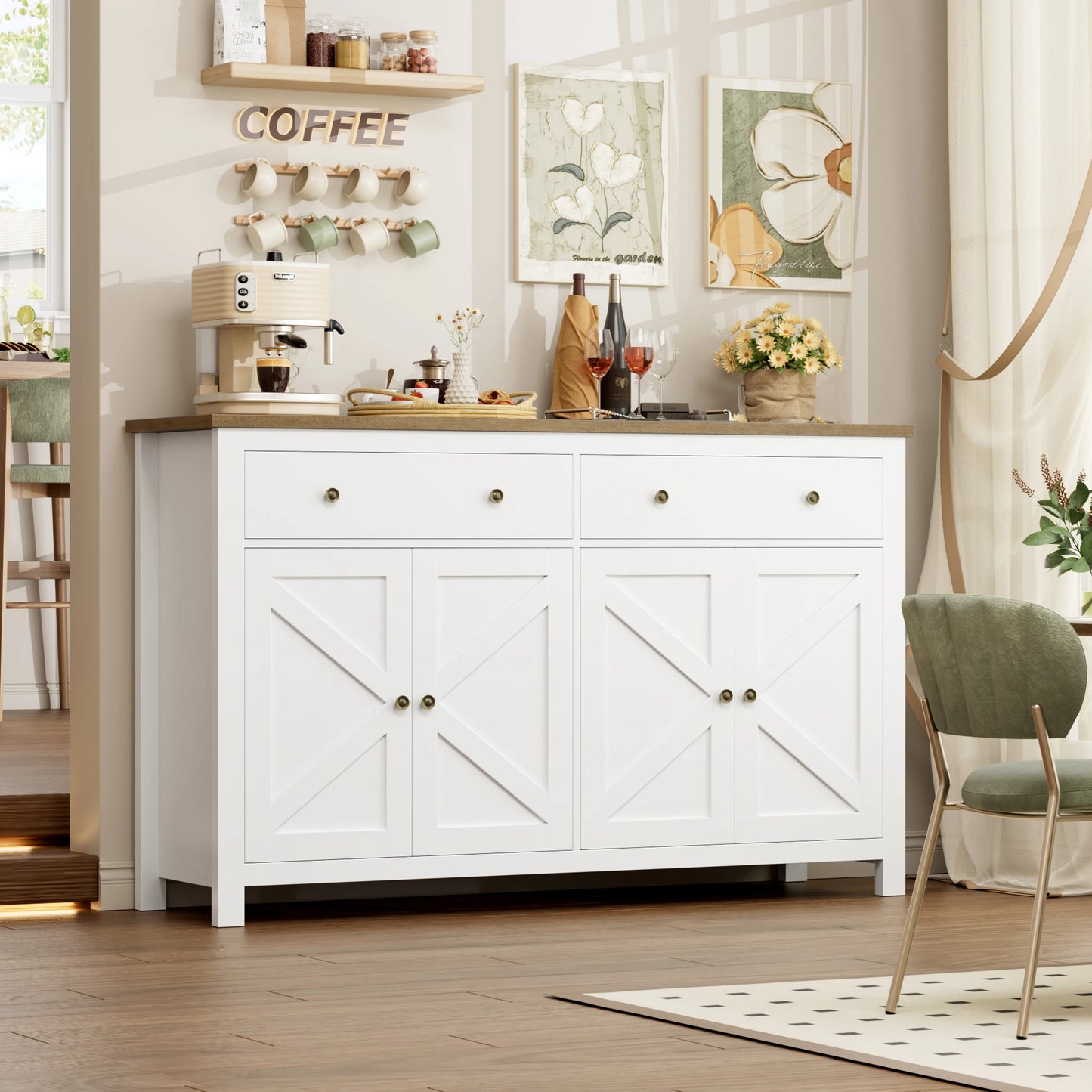 White Sideboard Storage Cabinet 140Cm Large Kitchen Cabinet for Living Room Dining Room