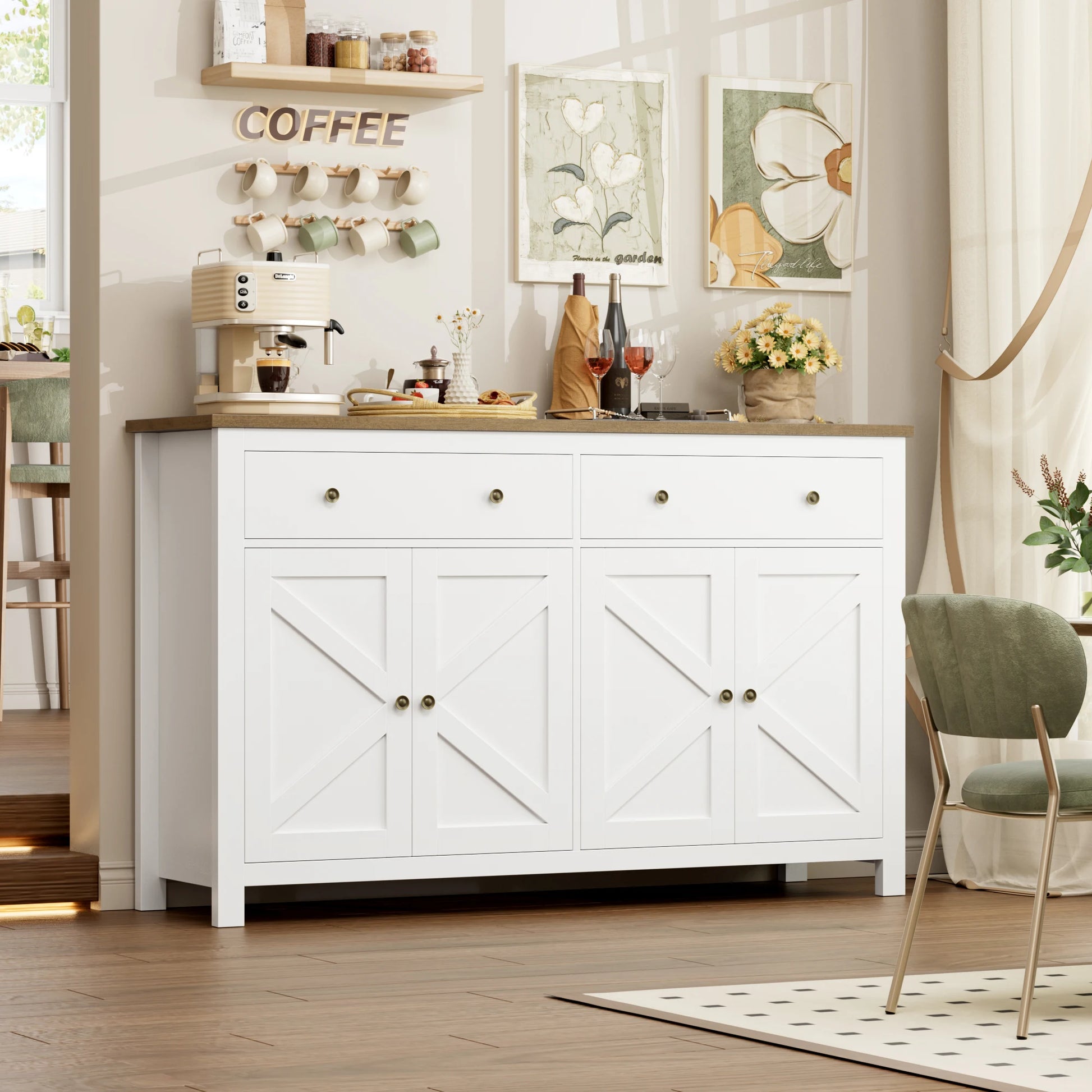 White Sideboard Storage Cabinet 140Cm Large Kitchen Cabinet for Living Room Dining Room
