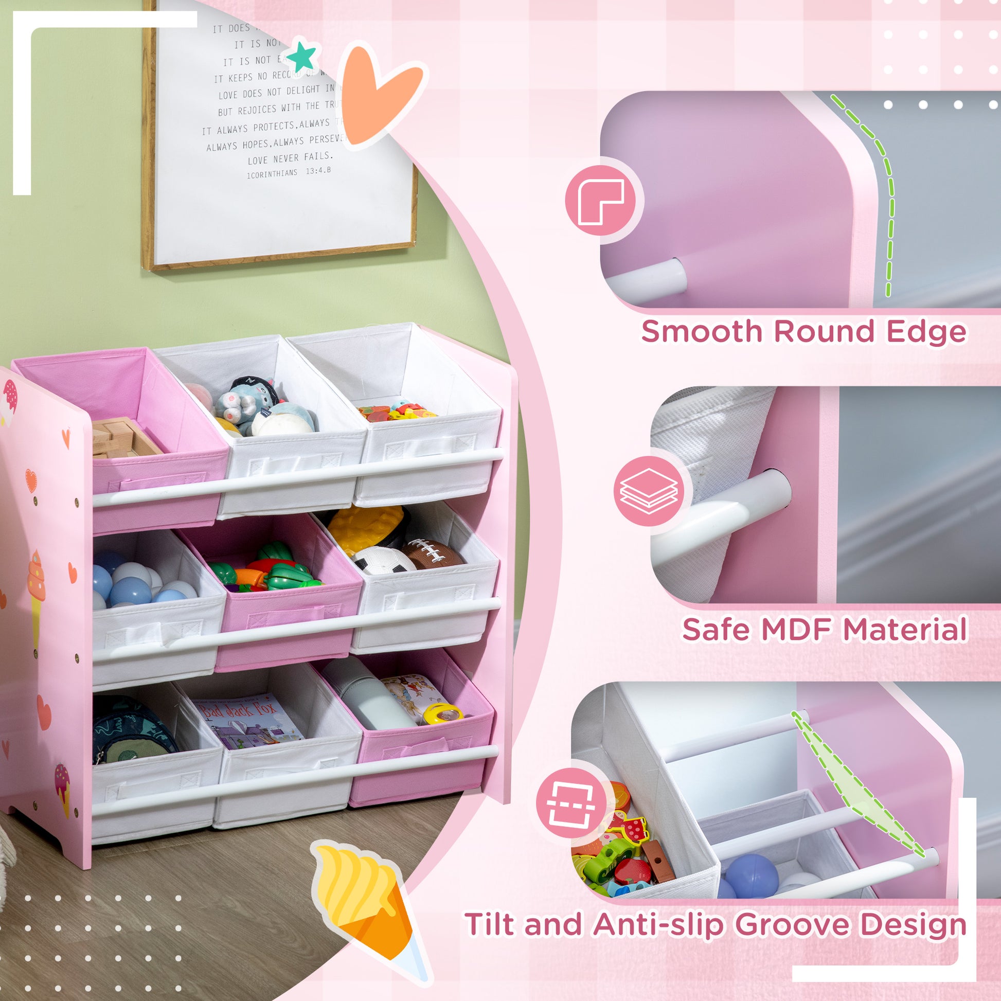 Kids Storage Unit W/ Nine Removable Baskets, for Nursery, Playroom