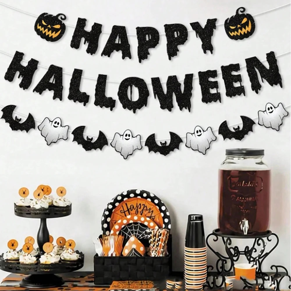 Happy Halloween Banner Garland Black Bat Ghost Pumpkin Bunting for Fireplace Wall Home Party Mantel Decor Supplies