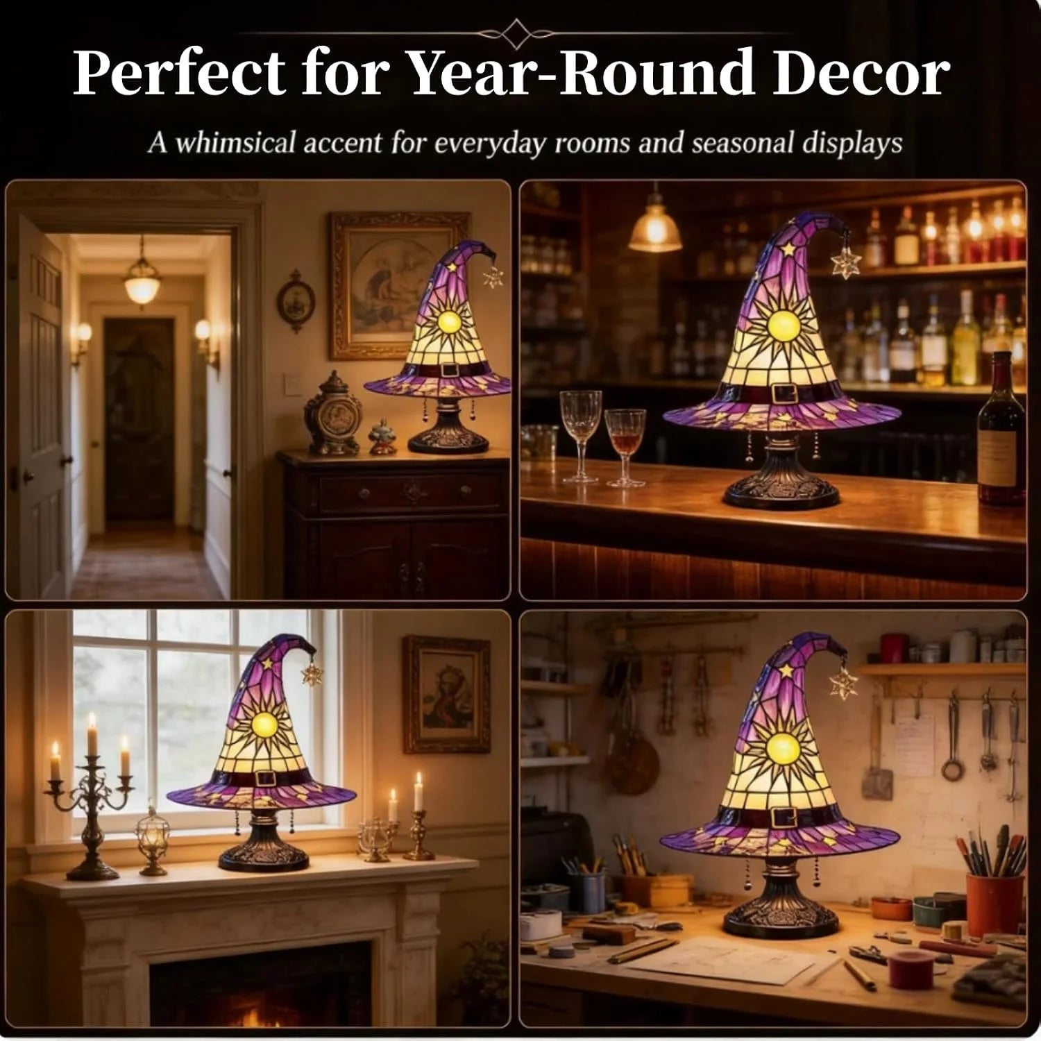 Stained Glass Witch Hat Lamp Magic LED Witch-Hat Lamp USB Creative Table Lamp Night Light for Bedroom Room Decor Halloween