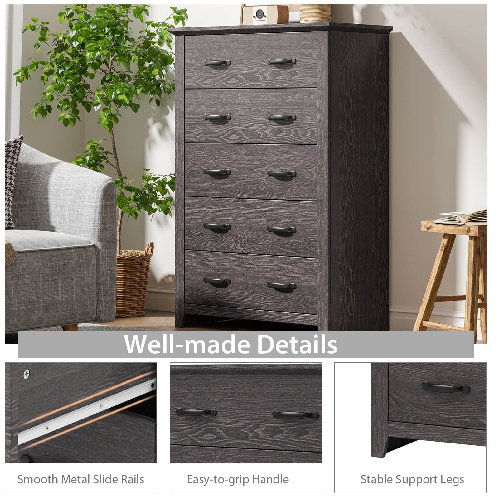 Dresser Vertical Chest of Drawers with 5 Pull-Out Drawers