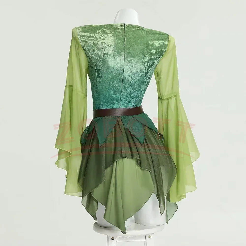 Women'S Elf Medieval Green Fairy Dress Magical Elf Dress and Belt with Wings Halloween Cosplay Costumes Elf Role-Playing Costume