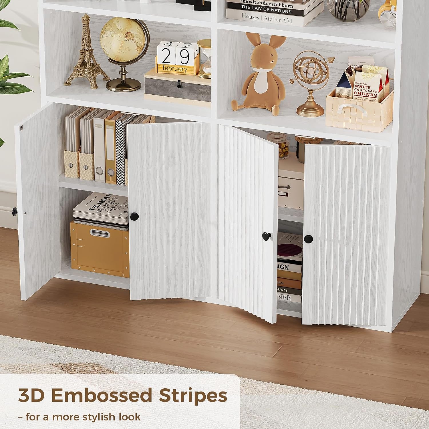 Bookcase with Doors, 180Cm Tall Bookshelf, 6 Tier Living Room Bookcases, 8 Open Compartments, Free Standing Display Shelf, Wooden Shelving Storage Unit for Home Office 108×30×180Cm (White)
