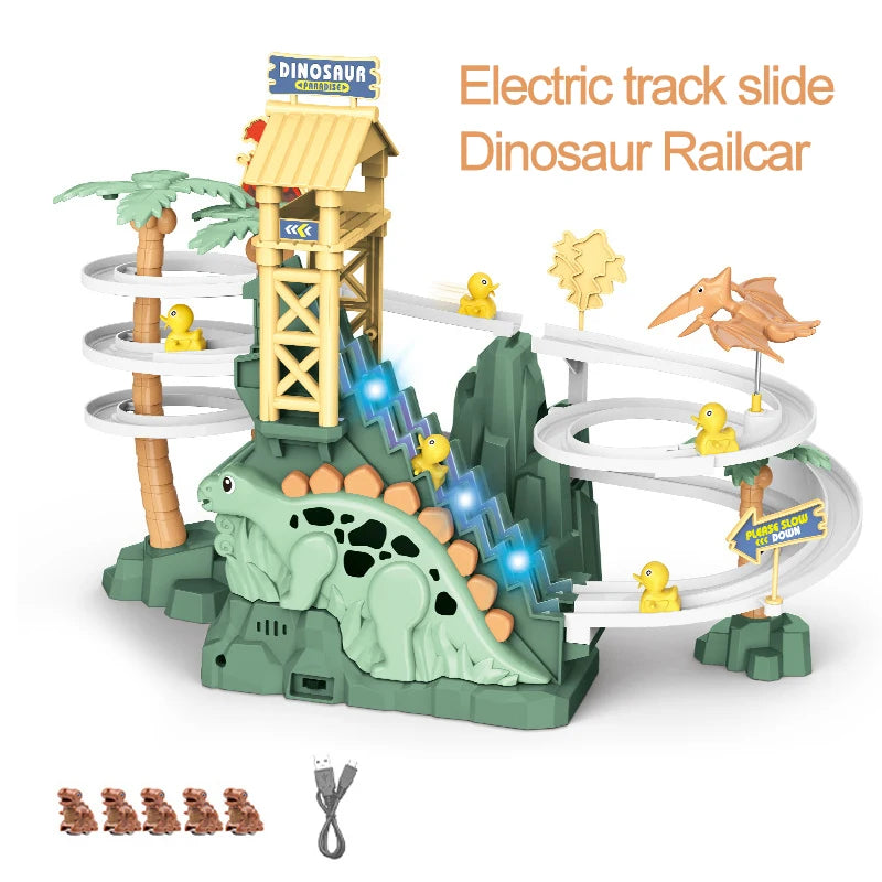 Electric Double Track Dinosaur Car Slide Climbing Stairs Adventure Dinosaur Railcar Toy Music Educational Toy for Children Gift