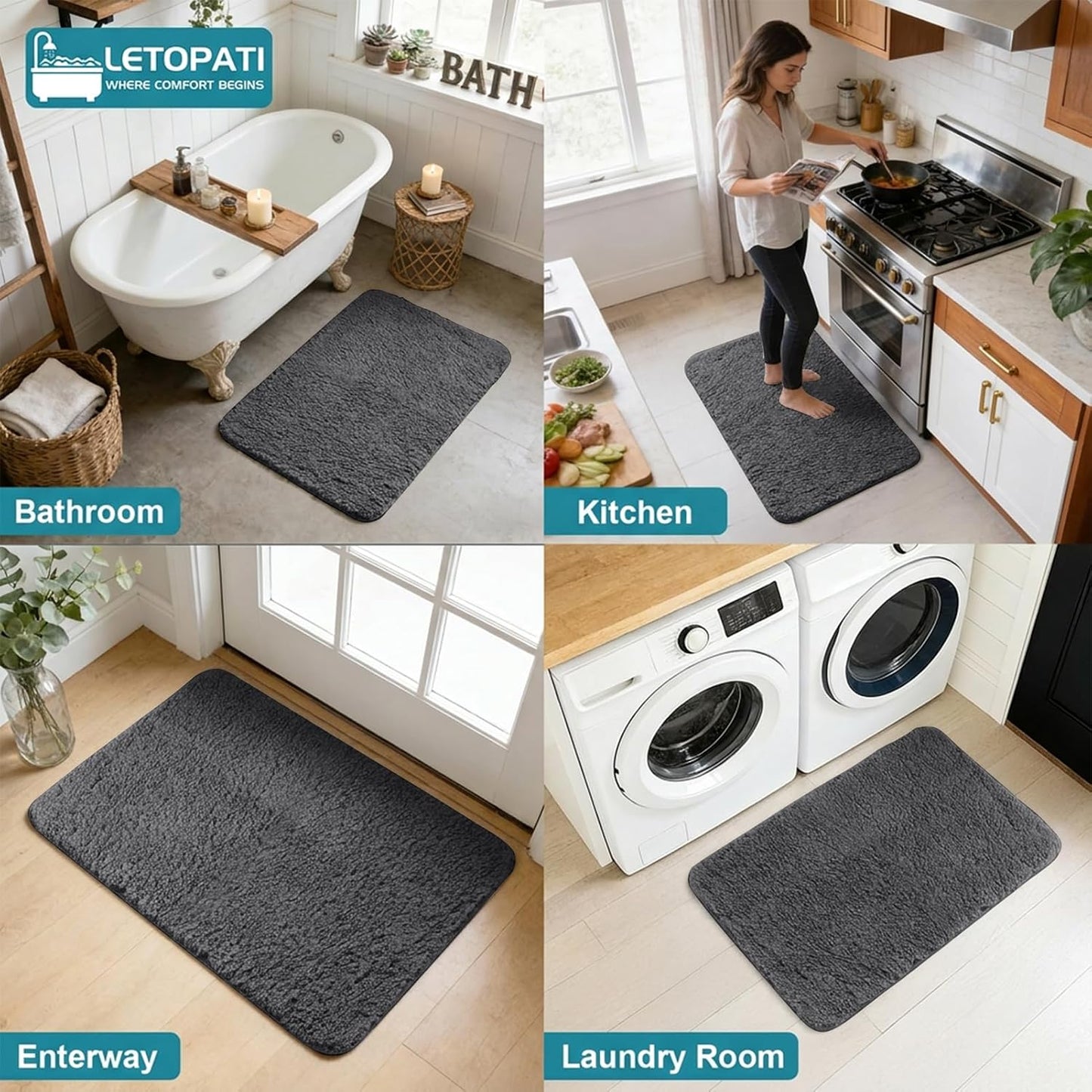 Bath Mat Sets 3 Piece, Non Slip Rubber Backing Bath Mats for Bathroom Floor, Extra Soft Microfiber Bathroom Mat and Toilet Mat, Absorbent Washable Bath Rug Sets, Dark Grey