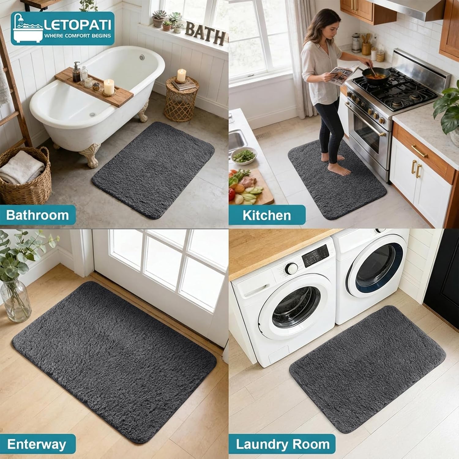 Bath Mat Sets 3 Piece, Non Slip Rubber Backing Bath Mats for Bathroom Floor, Extra Soft Microfiber Bathroom Mat and Toilet Mat, Absorbent Washable Bath Rug Sets, Dark Grey