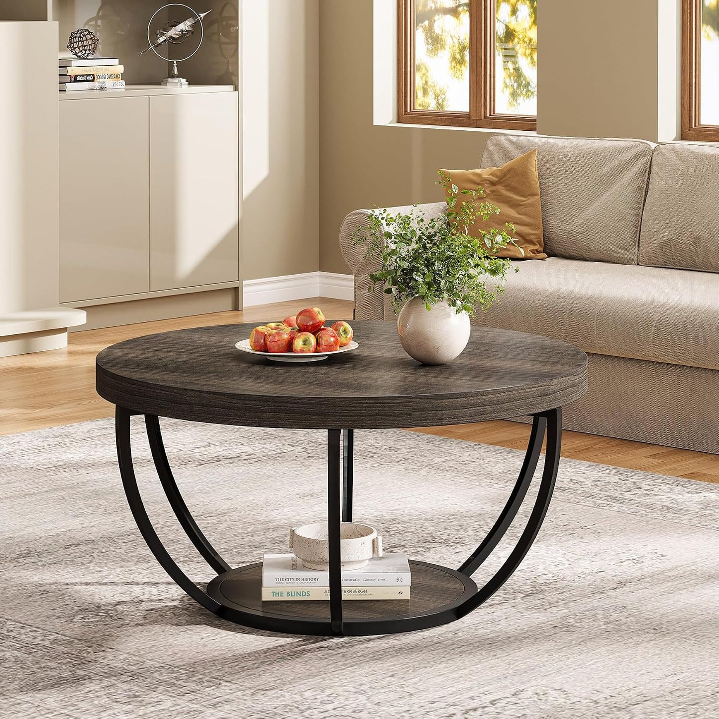 round Coffee Table, 31.7 Inches, 2-Tier Circular Wooden Side Table with Storage Shelves, Modern Living Room End Table, Grey