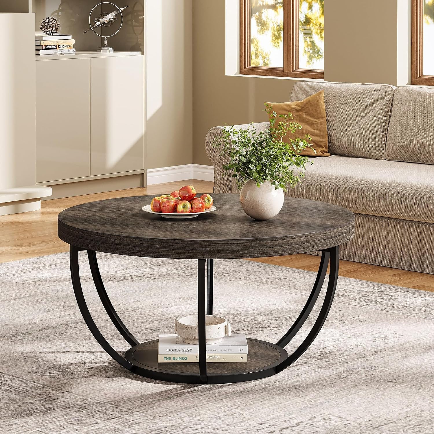 round Coffee Table, 31.7 Inches, 2-Tier Circular Wooden Side Table with Storage Shelves, Modern Living Room End Table, Grey