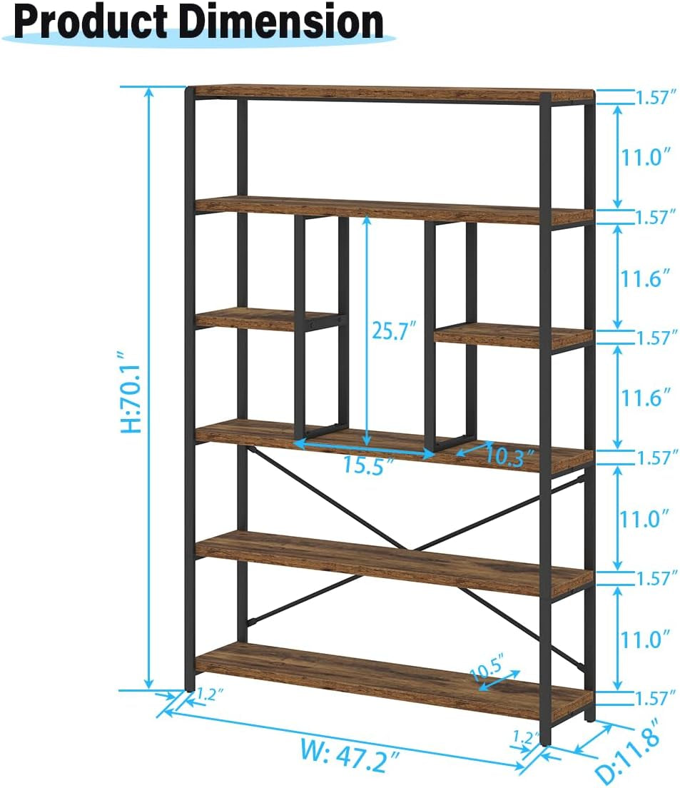 Rustic Bookcase and Bookshelf, Metal Wood 6 Tier Book Shelf, Industrial Vertical Display Etagere Book Case 6 Shelf, Vintage Large Book Shelves for Bedroom Living Room, Brown, 180 CM