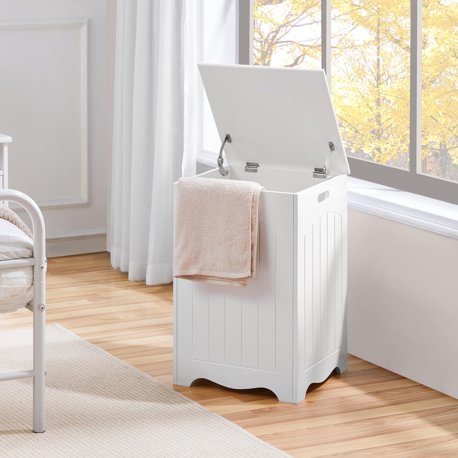 White Bathroom Laundry Basket Large Bin Wooden Storage Home Organizer Hamper with Lid