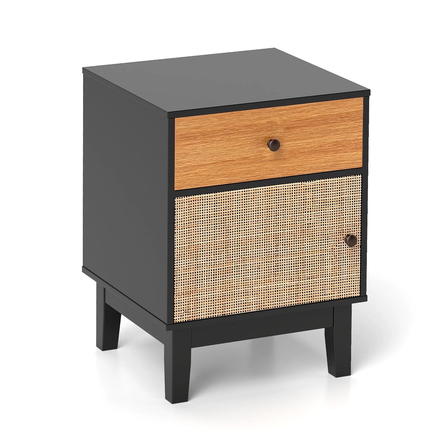 Modern Rattan Nightstand with Storage Drawer and Cabinet