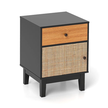 Modern Rattan Nightstand with Storage Drawer and Cabinet