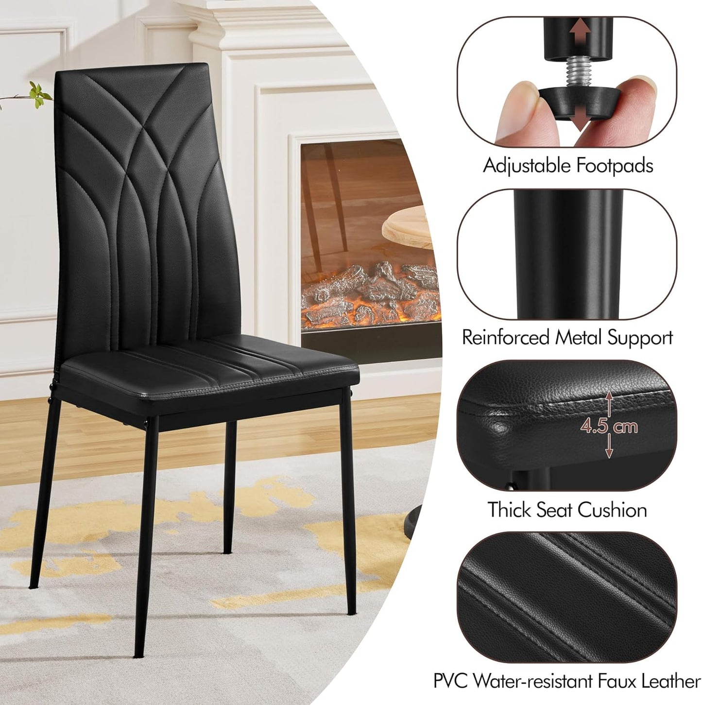 4Pcs Dining Chairs High Back PU Leather Petal Back Chairs Black | Upholstered Kitchen Chairs, Mid-Century Modern Armless Side Chairs with Sturdy Metal Legs for Dining Room Counter Kitchen