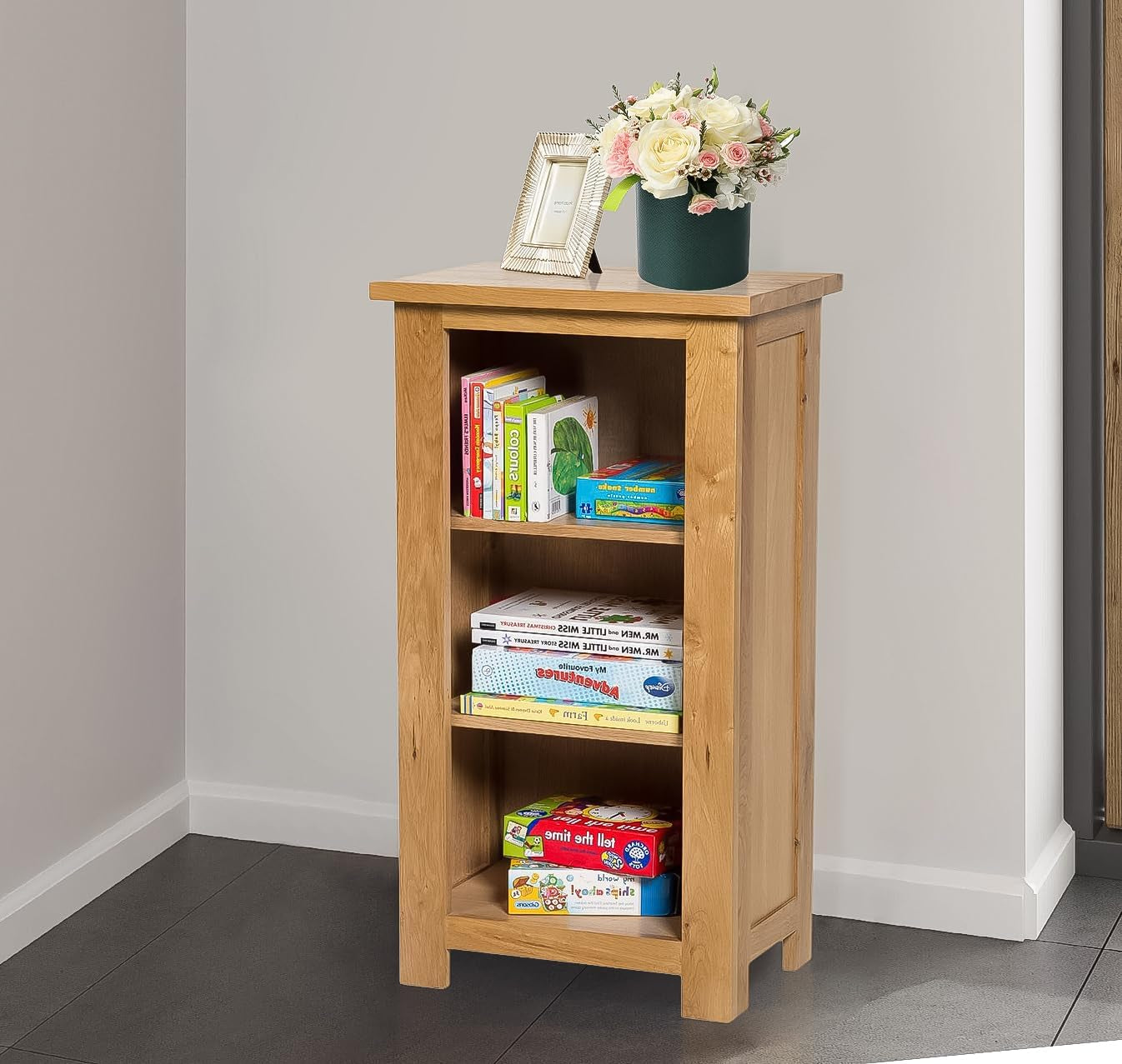 Waverly Solid Wooden Oak Bookcase, Solid Oak Furniture | Narrow Book Shelf with 2 Adjustable Shelves, Light Oak Low Bookshelf, Small Shelf Unit for Bedroom, Home Office, Living Room