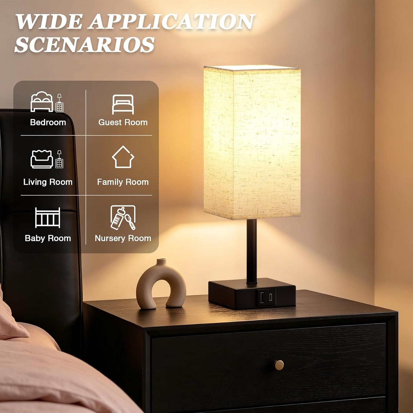 Touch Bedside Lamps, Bedside Table Lamp with USB A+C Charging Ports, Touch Lamps Bedside for Bedroom/Living Room/Study Room/Office, 3-Way Dimmable Reading Light (LED Bulb Included)