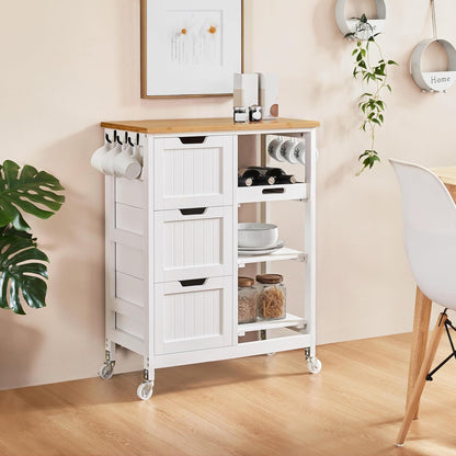 Kitchen Storage Trolley on Wheels, Rolling Kitchen Island Cart with 3 Drawers and 3 Shelves, Mobile Storage Sevring Trolley Cart for Dining Room, Bathroom, Laundry, Living Room, White