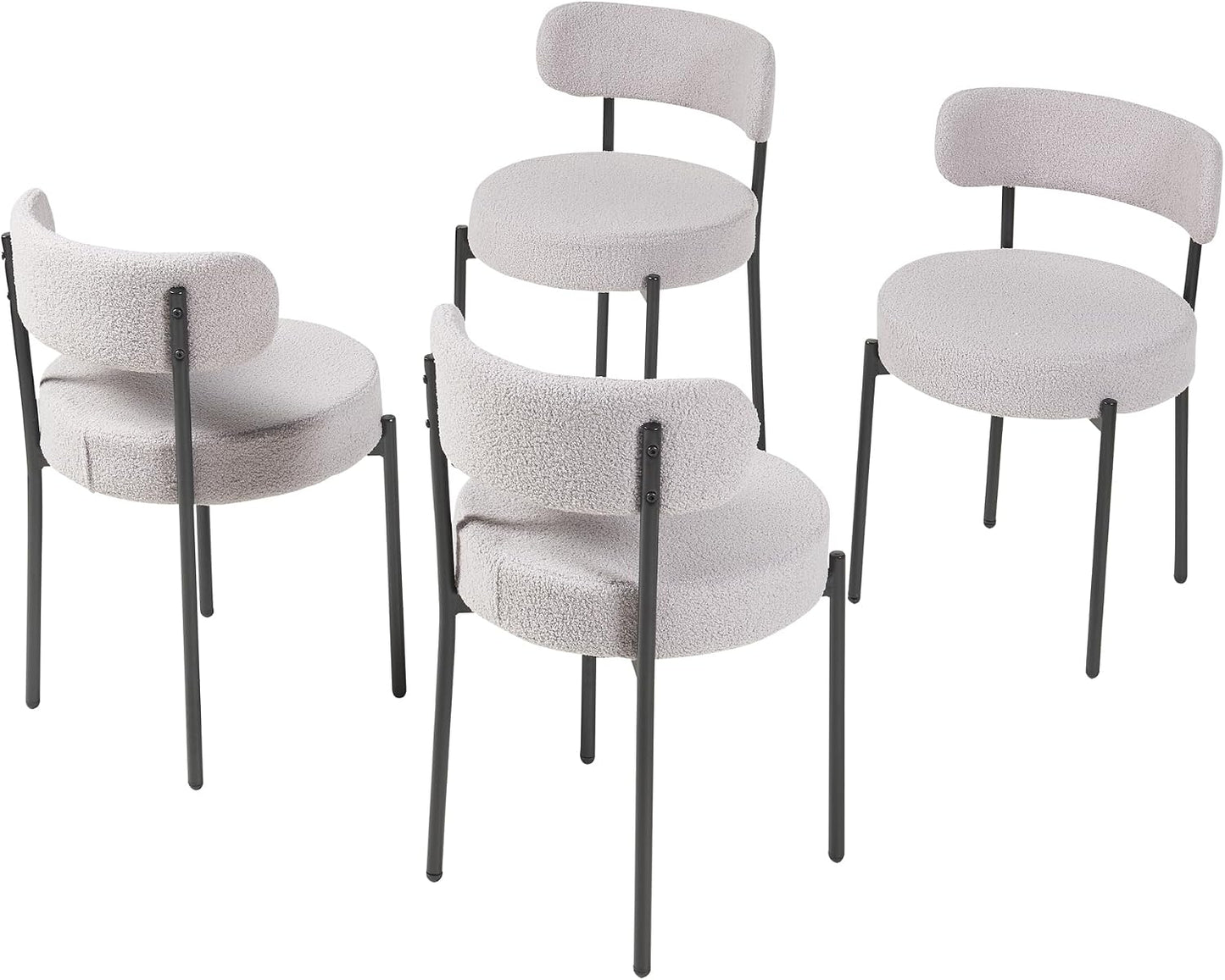 Modern Dining Room Chairs, Mid-Century round Upholstered Boucle Kitchen Dining Chairs with Black Metal Legs (4, Grey)
