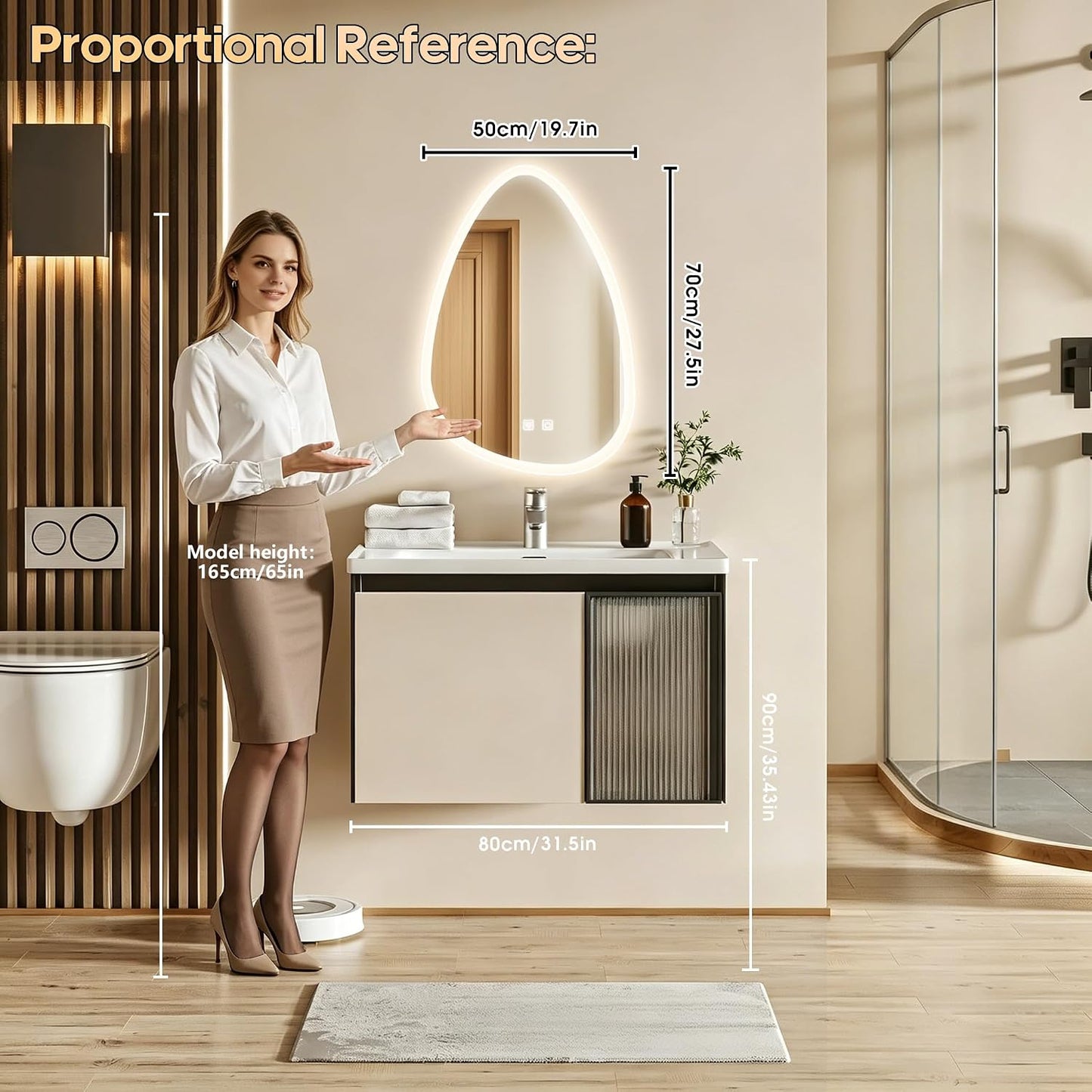 Bathroom Mirror with LED Lights, 500×700Mm Electric Vanity Mirror with Backlit Lights, Anti-Fog, Asymmetrical, Wall Mounted Dimmable 3 Color Lighting, IP54, Vertically Only