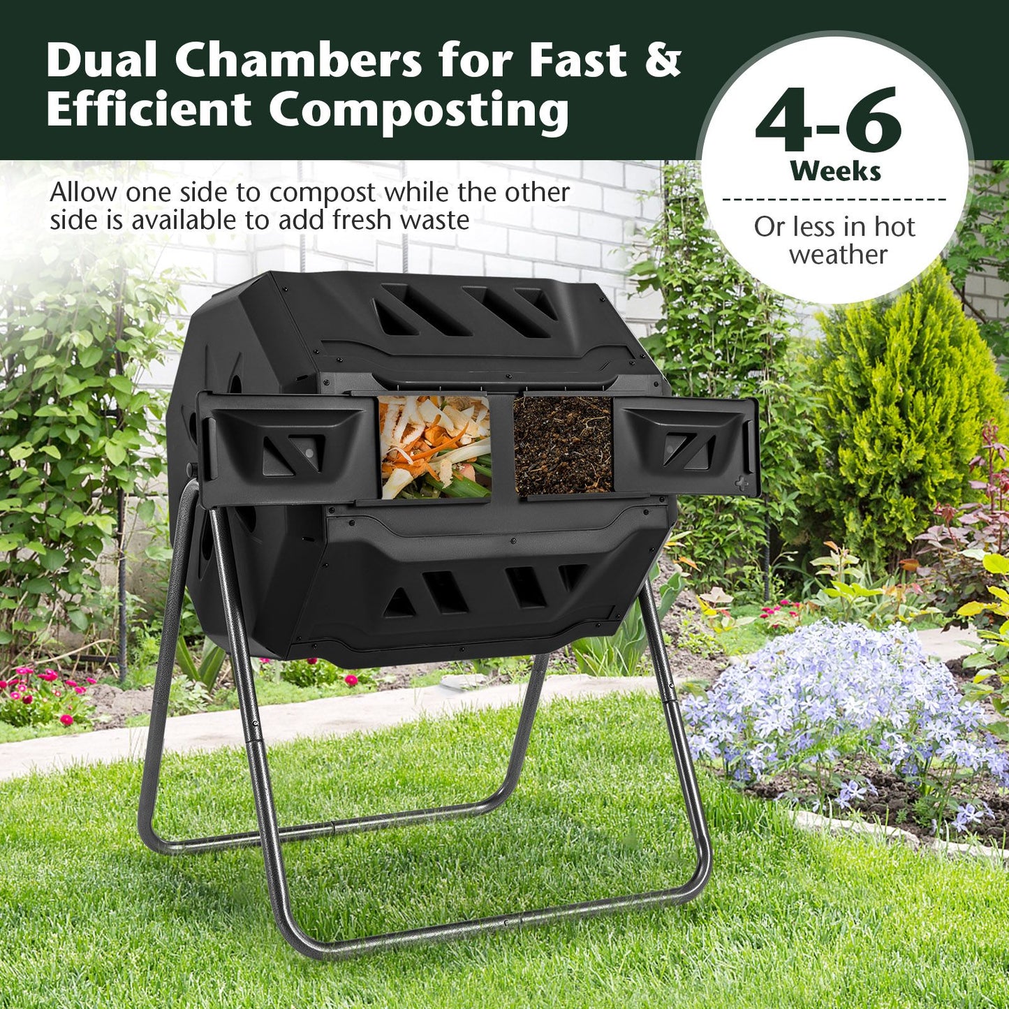 Compost Bin 160L Dual Chamber Composting Tumbler with Sliding Doors