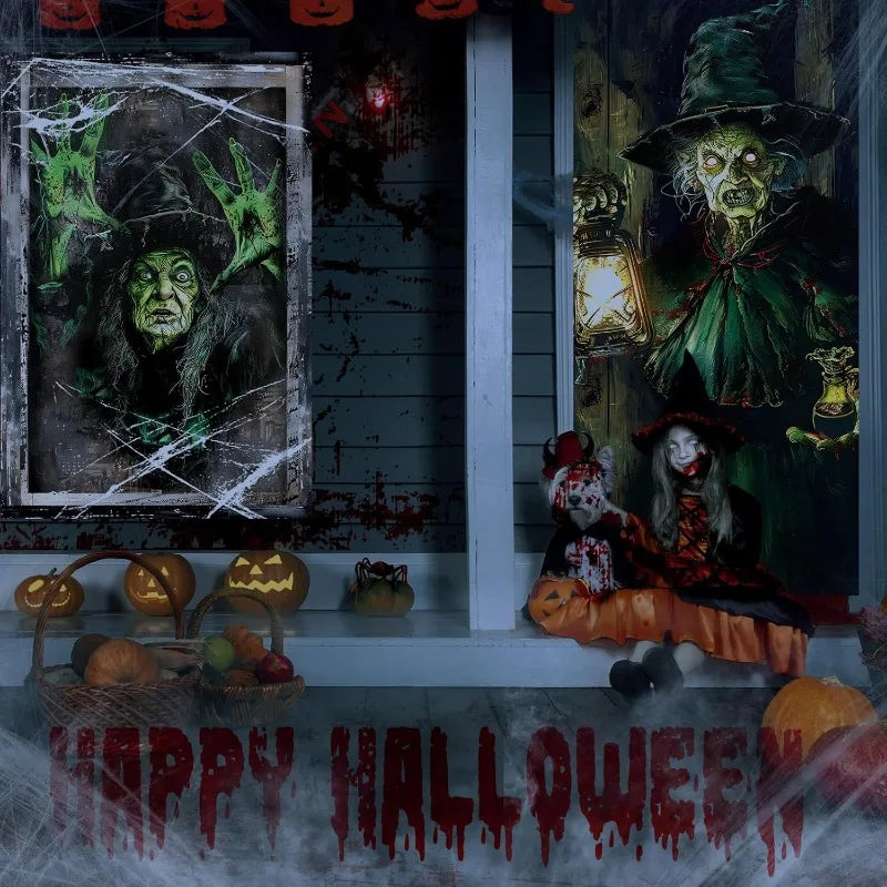 3PCS Halloween Window Door Cover Decor Set - Scary Fabric Clings, Halloween Curtain Window Banner Horror Ghosts Hanging Backdrop