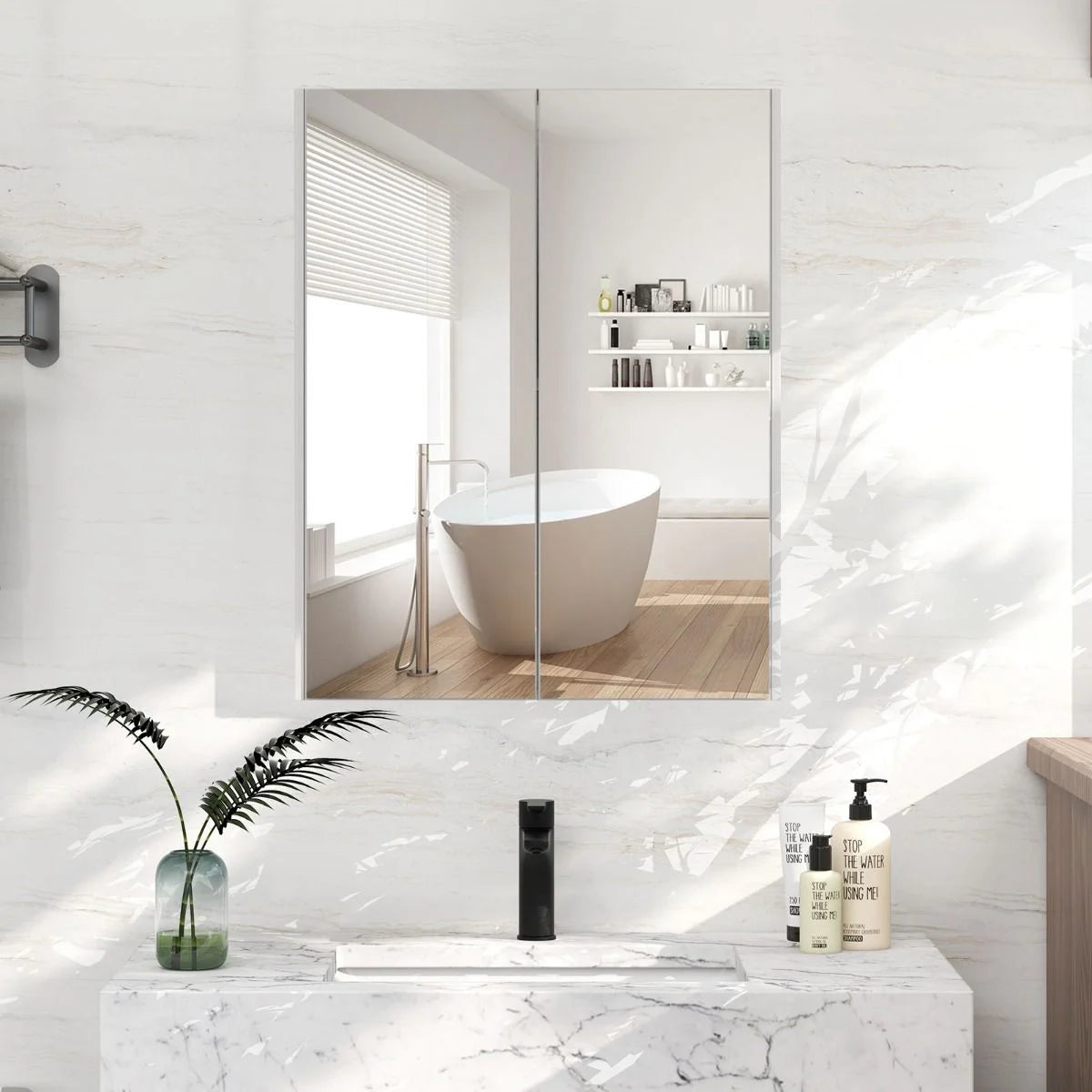 Sleek Medicine Cabinet with Double Mirrored Doors - Space-Saving Storage Solution for Your Bathroom